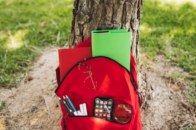 A close-up of a well-prepared backpack for a day hike in a US National Forest, showcasing essential gear like a map, compass, water bottle, first-aid kit, and snacks.