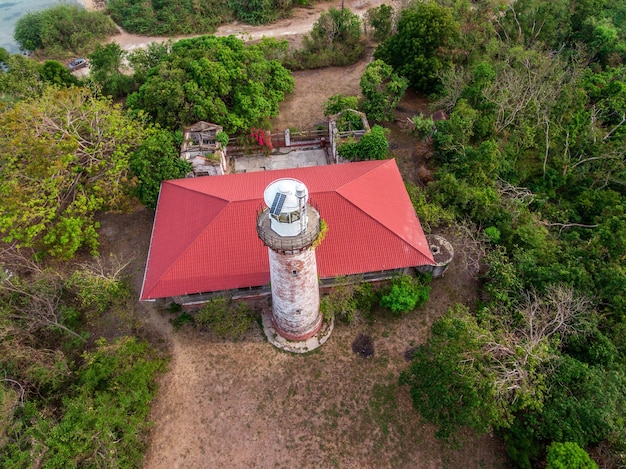 An aerial shot of the St. Augustine Lighthouse in Florida, surrounded by lush greenery and the historic buildings of the lighthouse station.