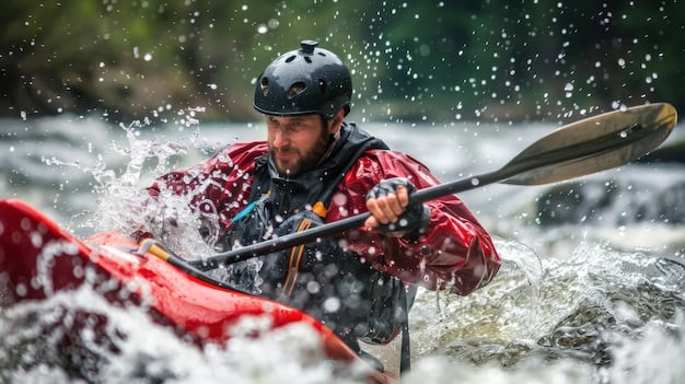 A kayaker skillfully navigating through a set of moderate rapids on a sunny day. The water is turbulent and splashing around the kayak, and the kayaker is wearing a helmet and life jacket.