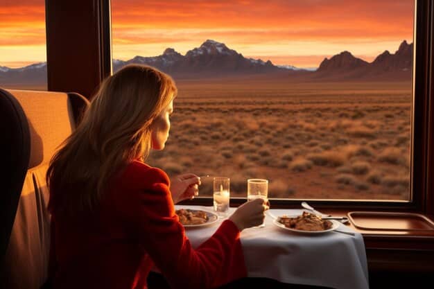 Interior of a luxury train car with large windows showing a sunset over a desert landscape. Passengers are seated comfortably, enjoying drinks.