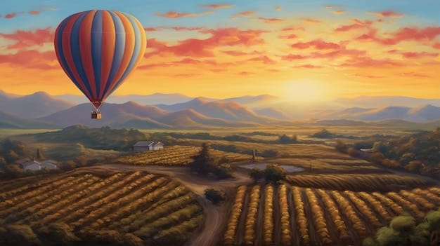 A majestic hot air balloon floats peacefully over the sprawling vineyards and rolling hills of Napa Valley at sunrise, with golden light illuminating the landscape, evoking a sense of calm adventure.