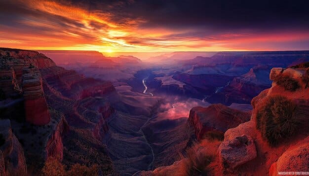 A panoramic view of the Grand Canyon at sunrise, with vibrant orange and purple hues illuminating its vast expanse, capturing the immense scale and natural beauty.