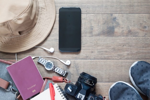 A detailed flat lay of essential road trip packing items: a smartphone with maps, sunglasses, snacks, water bottle, camera, and a small backpack, all neatly organized.