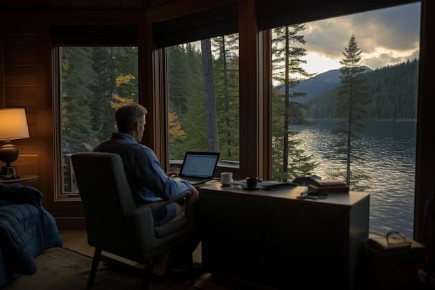 A digital nomad working in a brightly lit, modern coworking space in Austin, Texas, with a subtle skyline view through the window, emphasizing excellent Wi-Fi and amenities.