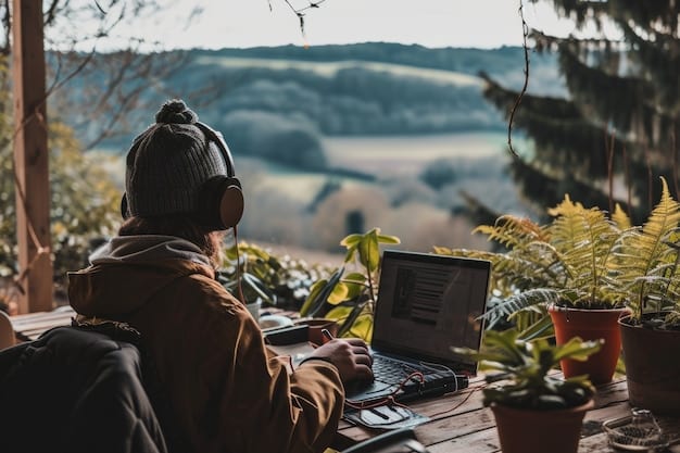 A digital nomad having a video call in a quiet corner of a coworking space in Raleigh, North Carolina, with a bookshelf backdrop, highlighting professional and calm working conditions.
