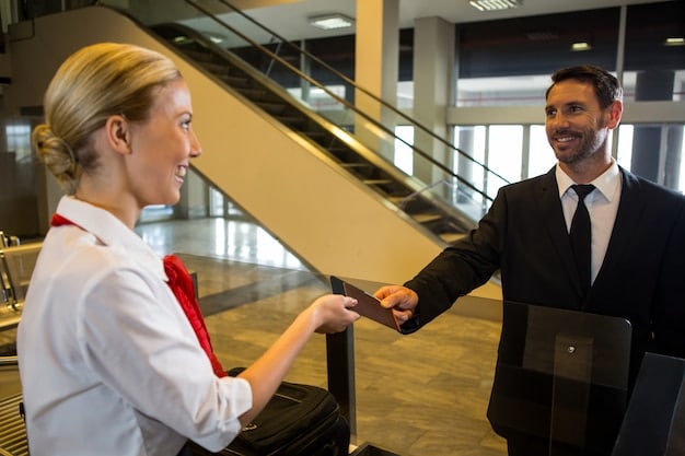 A person presenting a frequent flyer card at the entrance of an exclusive airport lounge, with a friendly receptionist welcoming them. The lounge entrance looks inviting and sophisticated.