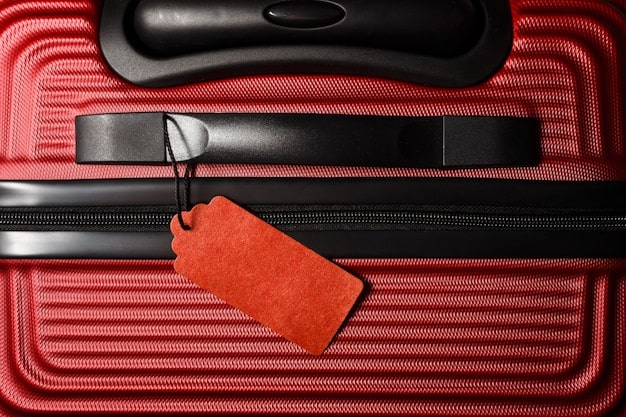 A close-up shot of a durable luggage tag attached to a suitcase, showcasing a clear and easily readable name, address, and phone number. The tag is made of metal and securely fastened with a strong cable.