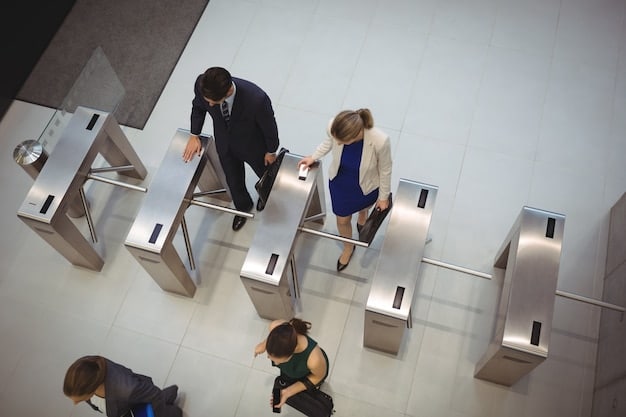 A split image showing a TSA PreCheck line with fewer people and a Global Entry kiosk at an airport.