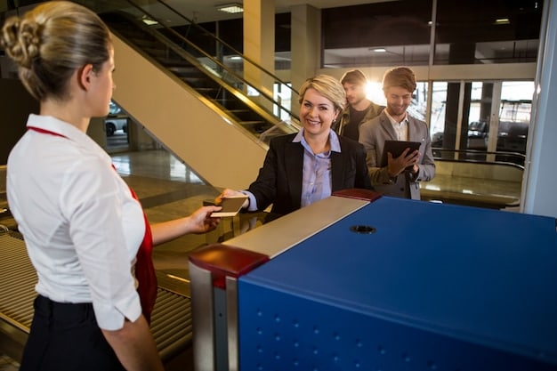 An airline check-in counter with a staff member assisting a passenger. The scene is brightly lit, and the focus is on the interaction between the passenger and the employee.