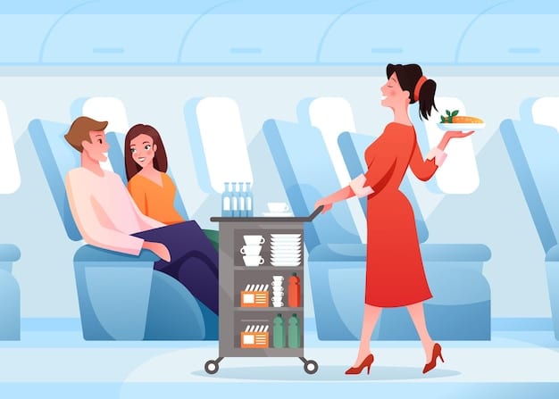 A flight attendant serving drinks and snacks to passengers in first class. The atmosphere is relaxed and upscale, with comfortable seating.