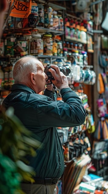 A photographer holding a camera with a prime lens attached, standing in a crowded marketplace. The photographer is focused on capturing a street scene, highlighting the lens's ability to perform well in varied lighting and capture sharp details.