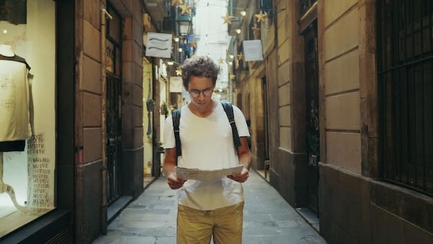 A traveler walking confidently down a busy street, making eye contact with their surroundings and holding their bag securely. The background includes a mix of local shops and people, highlighting the importance of blending in and being attentive. The lighting is natural, showcasing realistic and vibrant street conditions.