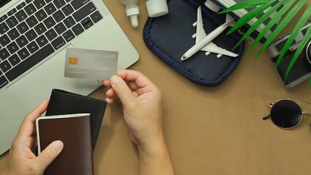 A close-up shot of a travel rewards credit card being used to purchase airline tickets on a laptop screen. The focus is on the card and the screen, emphasizing the connection between spending and travel rewards.