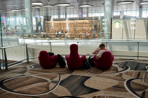 An aerial view of an airport lounge, showing comfortable seating, refreshments, and travelers relaxing before their flights. The scene conveys a sense of luxury and relaxation, highlighting the benefits of travel rewards cards.