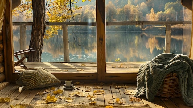 A cozy, sunlit room in an eco-lodge with natural wood furnishings and large windows overlooking a tranquil lake surrounded by trees. The room is decorated with locally sourced crafts.
