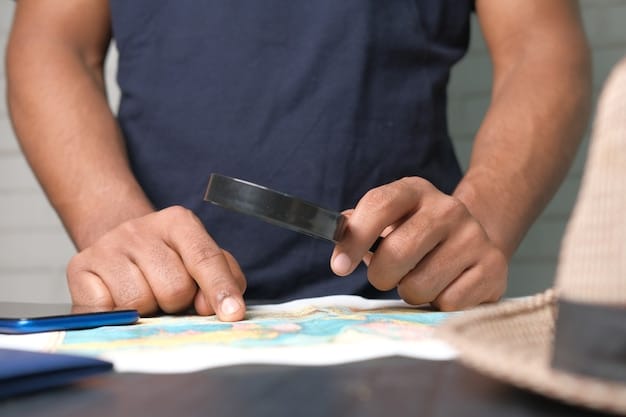 A person reviewing travel insurance documents with a magnifying glass, emphasizing the importance of understanding policy details.