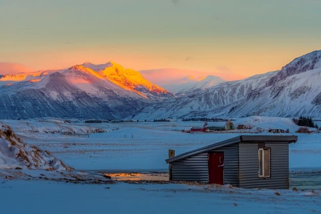 A serene and picturesque view of Reykjavik, Iceland, during sunset, showing colorful houses, snow-capped mountains in the distance, and a clear starry sky. A solo female traveler is seen walking confidently on the sidewalk, holding a DSLR camera, capturing the scenery.