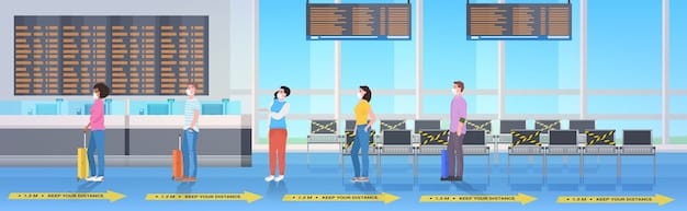 An airport security checkpoint with people lining up to show their passports. The scene includes security personnel, passport control booths, and various signs indicating entry and exit procedures. The overall image conveys a sense of order and security.