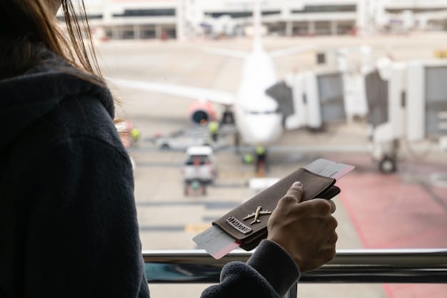 A person using a mobile app to navigate an airport, with a digital map displayed on their smartphone and arrows indicating directions to their gate.