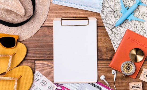 Flat lay image of essential travel documents organized neatly for quick access, including passport, boarding pass, visa, travel itinerary, and emergency contact information on a printed card, set against a dark background.