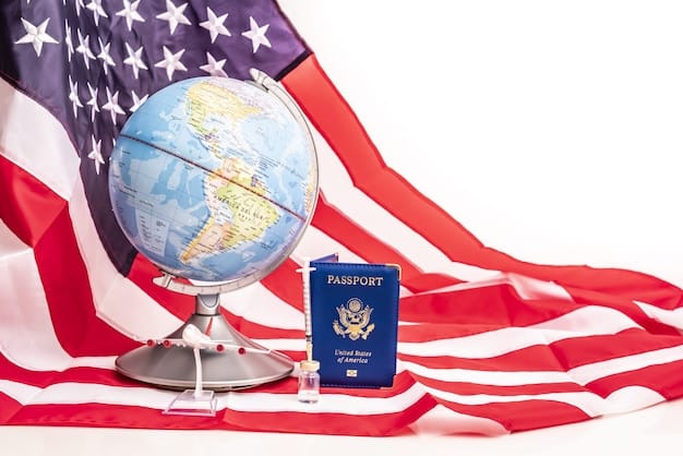 A close-up of a US passport with a small American flag sticker, placed on top of a world map, highlighting various countries with different color codes corresponding to travel advisory levels.