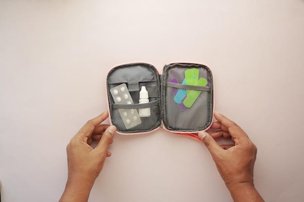 A person packing a travel first aid kit with essential medical supplies such as bandages, antiseptic wipes, pain relievers, and prescription medications, arranged neatly in a travel bag.
