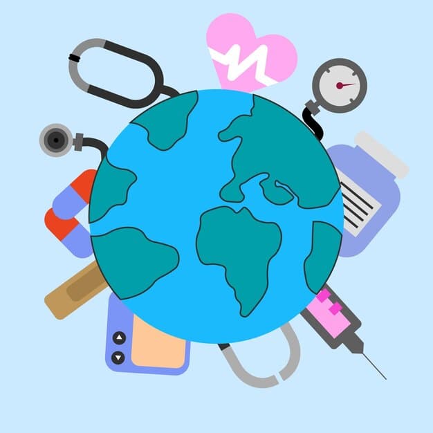 A digital illustration showing various health symbols (thermometer, vaccine, medical mask) arranged around a globe, symbolizing international health regulations and their impact on global travel.