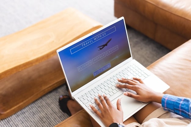 A person's hand hovering over a laptop keyboard, with a credit card nearby. The screen displays a flight booking confirmation page. The scene suggests the speed and readiness needed to book a deal.