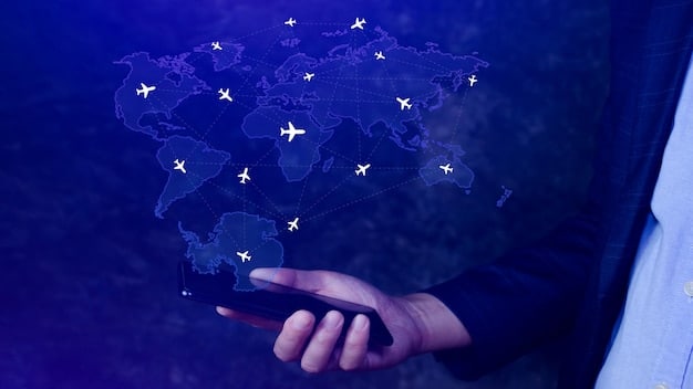 A traveler holding a smartphone, actively navigating a travel insurance app, surrounded by international symbols and flags, representing digital solutions for global coverage.