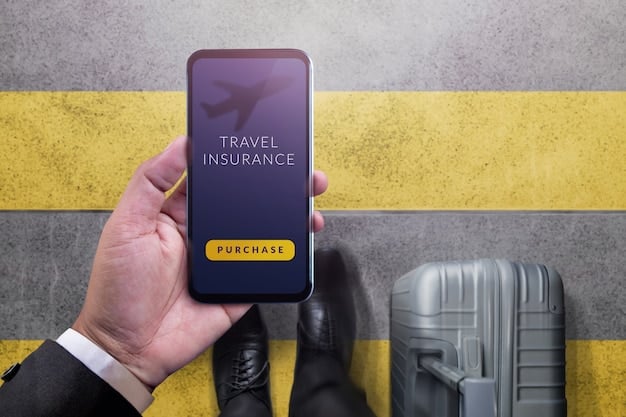 A detailed, close-up shot of a smartphone screen displaying a user-friendly travel insurance app interface, with icons for policy details, claims, and emergency contacts, against a blurred background of a bustling airport.