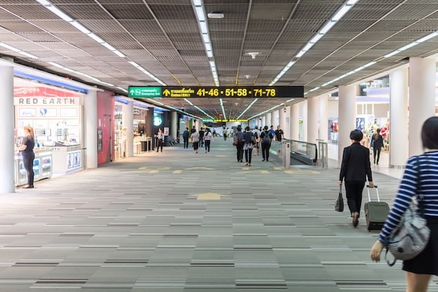 Panoramic view of a bustling international airport terminal, with diverse travelers and signage in multiple languages, symbolizing the importance of travel advisories.