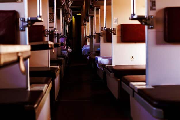 The interior of an Amtrak train showing the upgraded seating, improved Wi-Fi access, and a comfortable dining area.