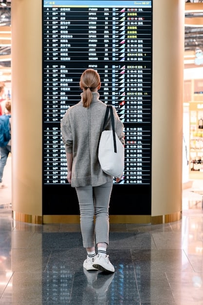 A traveler looking stressed while standing in front of a flight information display showing multiple flight delays and cancellations at a busy US airport.