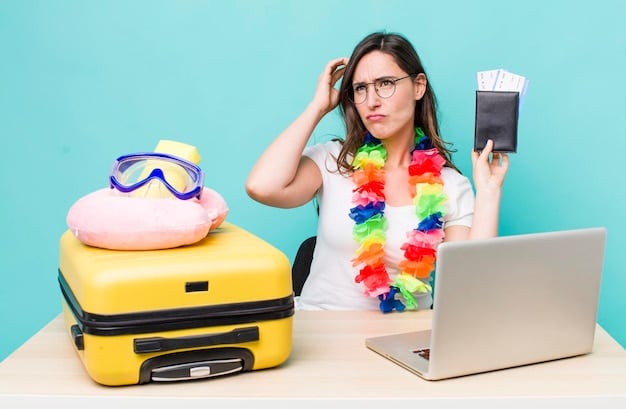 A stressed traveler holding their head in frustration, surrounded by travel documents and a laptop displaying error messages, illustrating the emotional and financial impact of falling victim to a travel scam.