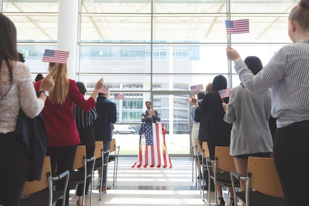 A photograph of a US embassy or consulate building, with people queuing outside for visa interviews. The US flag is prominently displayed, and the atmosphere is busy but orderly.