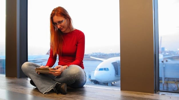 A traveler confidently reviewing their travel insurance policy document on a tablet while sitting in an airport lounge, symbolizing preparedness and understanding of their coverage.