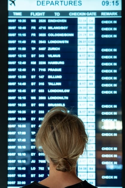 A traveler looking thoughtfully at a flight schedule displayed on a digital screen at an airport, with some flights marked as delayed or canceled, emphasizing the need for flexible planning.