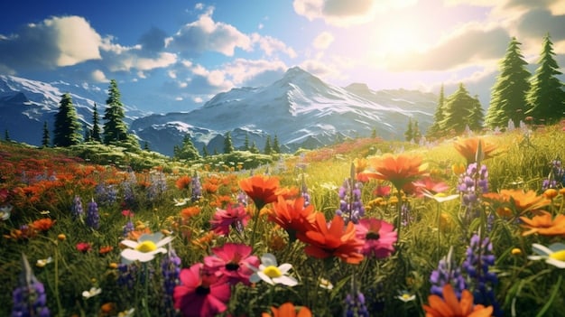 A vibrant wildflower meadow in the foreground with majestic Mount Rainier towering in the background under a clear blue sky.