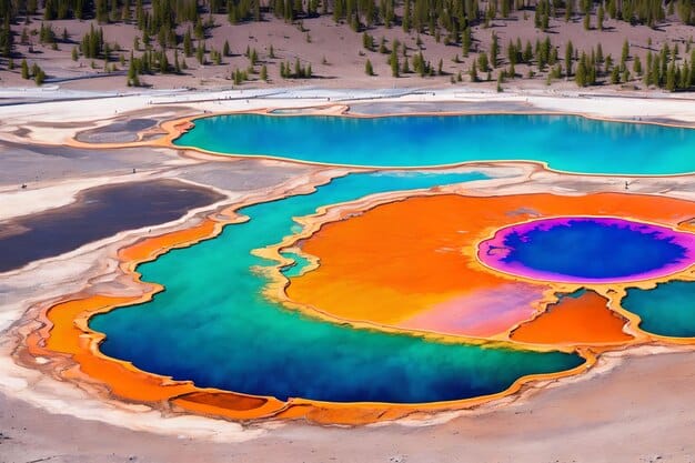 A vibrant blue Grand Prismatic Spring in Yellowstone National Park, with steam rising and surrounding colorful microbial mats.