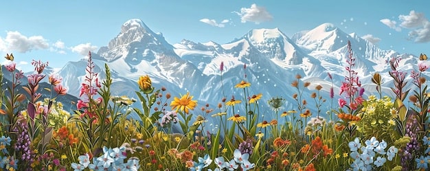 A vibrant wildflower meadow in full bloom in front of the snow-capped Mount Rainier, under a brilliant blue sky.