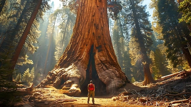 A person standing at the base of a colossal giant sequoia tree, looking up in awe, with other large trees surrounding in a misty forest.