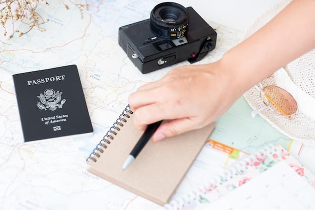 A person's hand pointing at the expiration date on a US passport, with travel documents scattered on a table in the background.