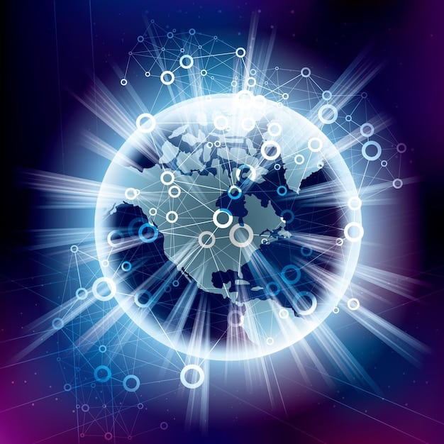 A globe with digital data streams flowing across different continents, highlighting interconnectedness and the complex nature of international travel policies and data exchange.