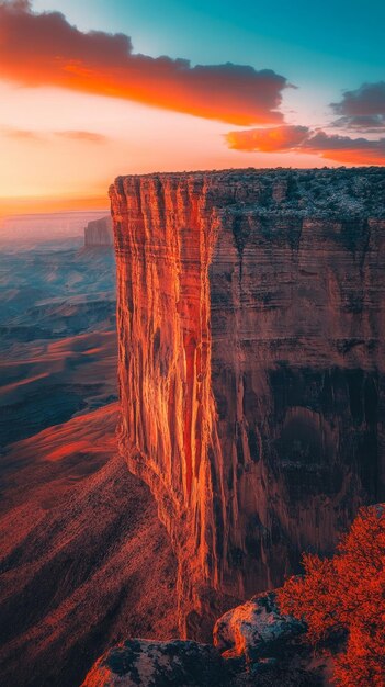 Vertical panoramic shot showcasing the dramatic sandstone cliffs of Canyon de Chelly National Monument, with a tiny ancient cliff dwelling visible in the distance, emphasizing scale and historical depth.